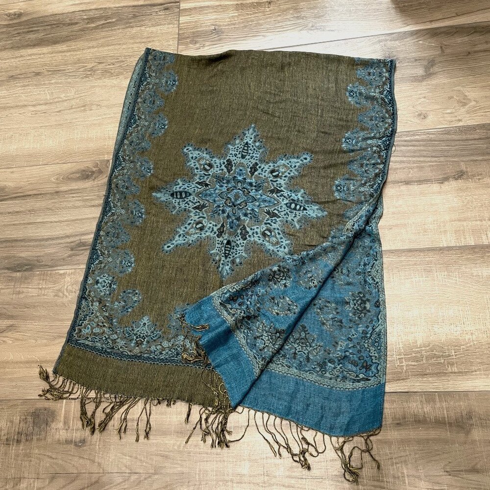 Pashmina Scarf Blue Green Wool & Silk India Wrap